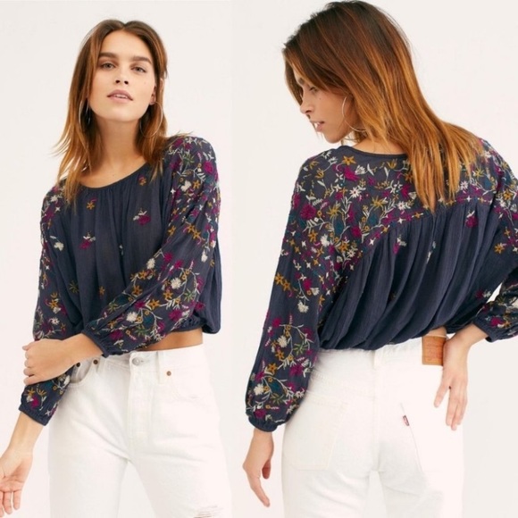 Free People Navy Blue Embroidered Cropped Peasant Top - Picture 2 of 6